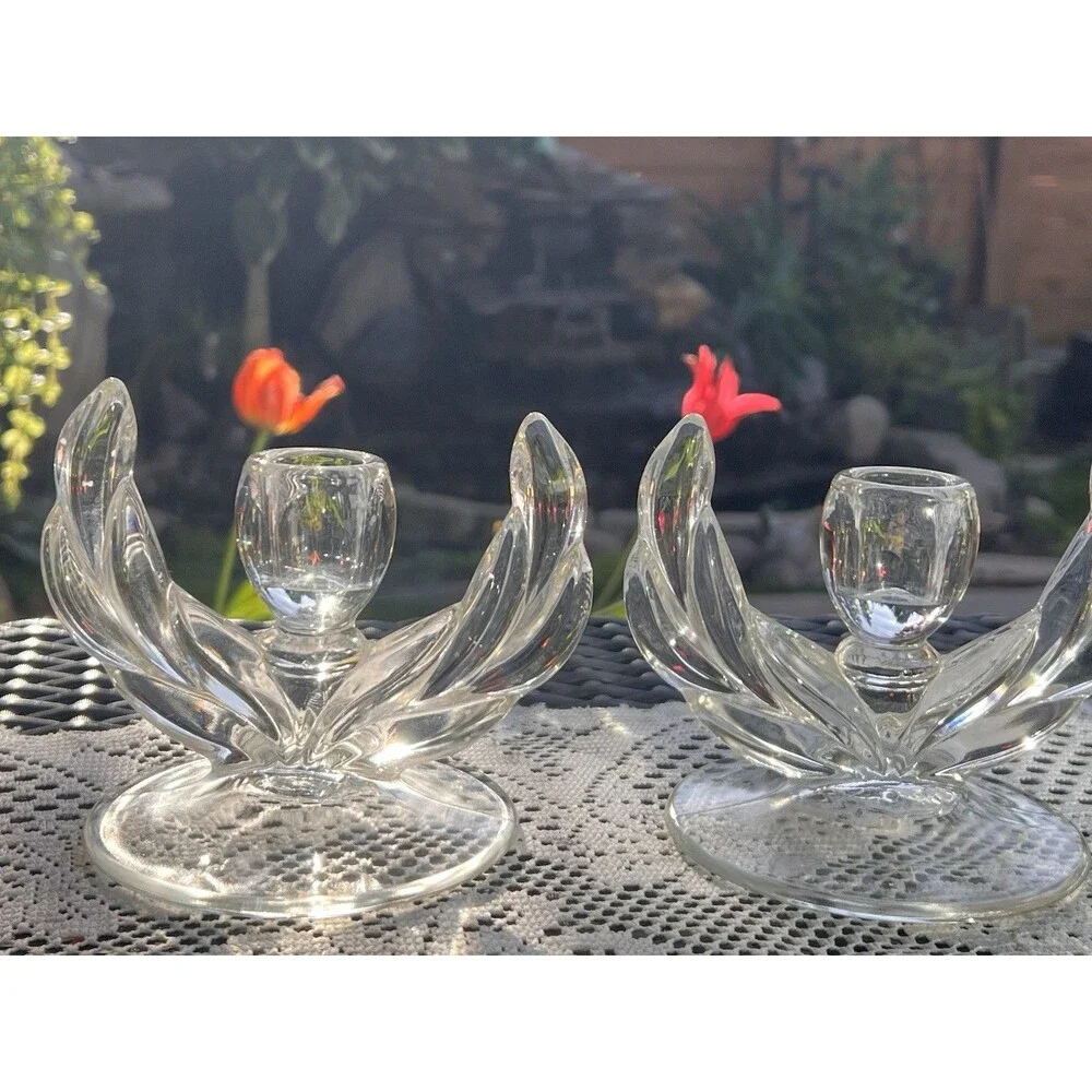 1960s Vintage Glass Lotus Candle Holders Pair Mid Century  Wheat Sheaf/winged
